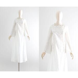 1970s Vintage White Cotton Eyelet Maxi Dress Bell Sleeve | Small to Medium